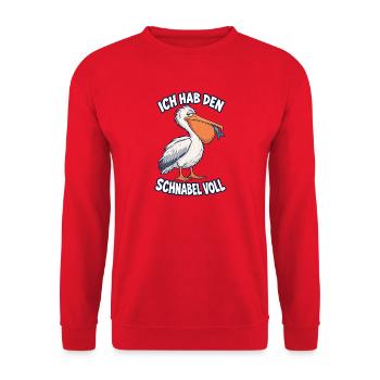 Ich hab den Schnabel voll – Pelikan - Unisex Pullover - Rot - Vorne - Alina (178cm) & Michal (187cm)