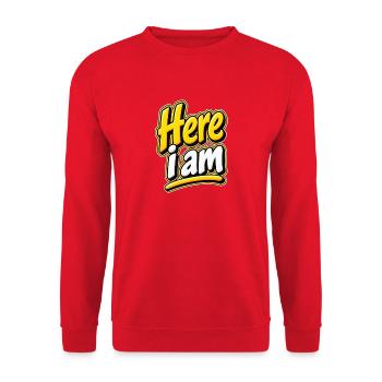 Hier bin ich bunter Schriftzug - Unisex Pullover - Rot - Vorne - Alina (178cm) & Michal (187cm)