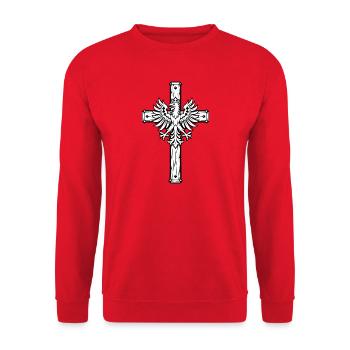 Gipfelkreuz mit Tiroler Adler in Schwarz-Weiß - Unisex Pullover - Rot - Vorne - Alina (178cm) & Michal (187cm)