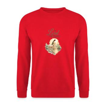 THE LORD IS MY SHEPHERD – Jesus mit Schaf - Unisex Pullover - Rot - Vorne - Alina (178cm) & Michal (187cm)