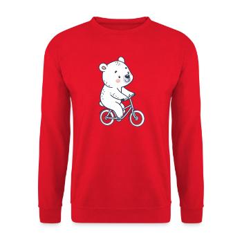 Eisbär auf einem pastellfarbenen Fahrrad - Unisex Pullover - Rot - Vorne - Alina (178cm) & Michal (187cm)