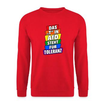 Das T in AfD steht für Toleranz – Bunte Satire - Unisex Pullover - Rot - Vorne - Alina (178cm) & Michal (187cm)