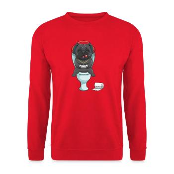 Hardcore Gamer Mops auf der Toilette zockt - Unisex Pullover - Rot - Vorne - Alina (178cm) & Michal (187cm)