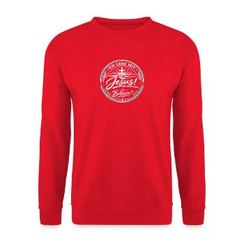 Jesus! Believe Rundes Glaubenslogo - Unisex Pullover - Rot - Vorne - Alina (178cm) & Michal (187cm)