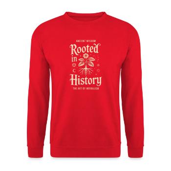 Verwurzelt in der Geschichte: Alte Kräuterweisheit - Unisex Pullover - Rot - Vorne - Alina (178cm) & Michal (187cm)