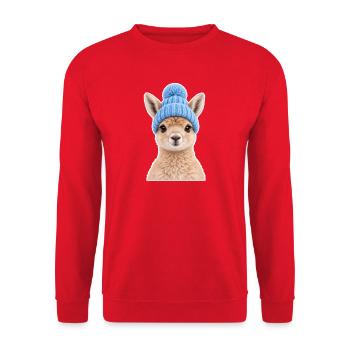 Alpaka mit blauer Wollmütze - Unisex Pullover - Rot - Vorne - Alina (178cm) & Michal (187cm)