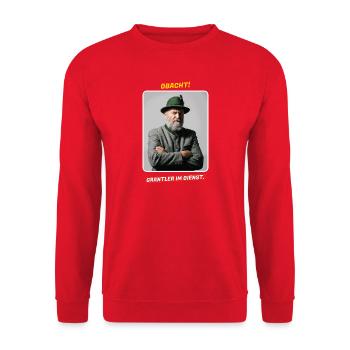 Obacht! Grantler im Dienst - Bayern Spruch - Unisex Pullover - Rot - Vorne - Alina (178cm) & Michal (187cm)