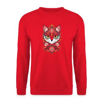 Katzengesicht im Blumenreich - Unisex Pullover - Rot - Vorne - Alina (178cm) & Michal (187cm)