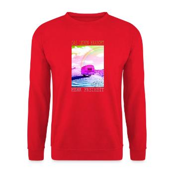 Bunter Wohnwagen Roadtrip Freiheit Camping - Unisex Pullover - Rot - Vorne - Alina (178cm) & Michal (187cm)