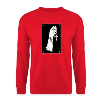 Schwarzweiß-Hand mit Kreuzkette - Unisex Pullover - Rot - Vorne - Alina (178cm) & Michal (187cm)