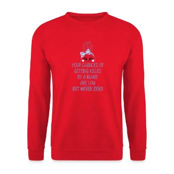 Humorvoller Bunny-Warnhinweis - Unisex Pullover - Rot - Vorne - Alina (178cm) & Michal (187cm)