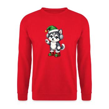 Husky-Welpen-Elfenhut-Weihnachten - Unisex Pullover - Rot - Vorne - Alina (178cm) & Michal (187cm)