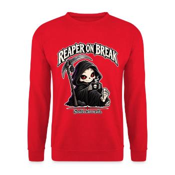 Sensenmann in Pause – Lustiger Sensenmann-Kaffee - Unisex Pullover - Rot - Vorne - Alina (178cm) & Michal (187cm)