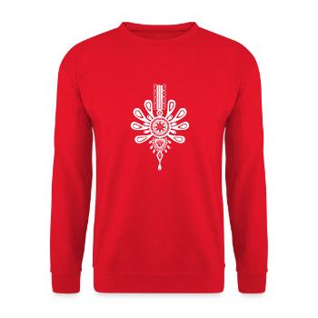 Highland Brauer, Motiv in weiß - Unisex Pullover - Rot - Vorne - Alina (178cm) & Michal (187cm)