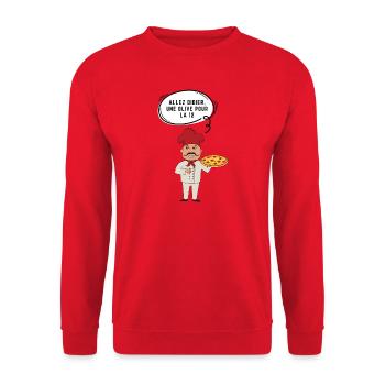 Pizza und Oliv: Didier der Koch - Unisex Pullover - Rot - Vorne - Alina (178cm) & Michal (187cm)