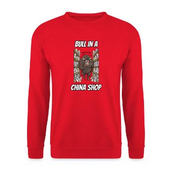 Bulle im Porzellanladen – Witzige wörtliche Idiom-Zeichentrickserie - Unisex Pullover - Rot - Vorne - Alina (178cm) & Michal (187cm)