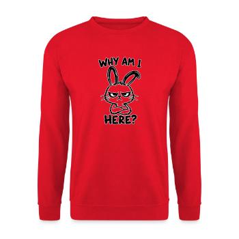 Warum bin ich hier? Grummel Hase - Unisex Pullover - Rot - Vorne - Alina (178cm) & Michal (187cm)