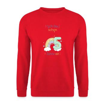 Ich bin schon 5 - Regenbogen Geburtstag - Unisex Pullover - Rot - Vorne - Alina (178cm) & Michal (187cm)