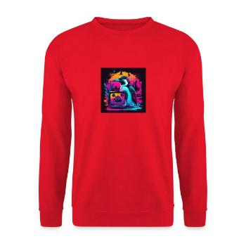 Pinguin mit Neonfarben, Synthwave / 80er Jahre - Unisex Pullover - Rot - Vorne - Alina (178cm) & Michal (187cm)