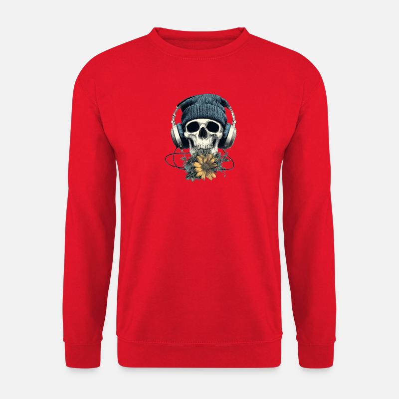 Schädel mit Kopfhörer und Blumen - Unisex Pullover - Rot