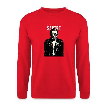 Jean Paul Sartre Noir Leder-Rebellenporträt - Unisex Pullover - Rot - Vorne - Alina (178cm) & Michal (187cm)