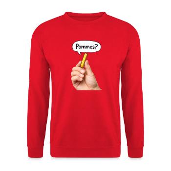 Pommer? Shirt | Funny Meme Fries Tee TikTok Humor - Unisex Pullover - Rot - Vorne - Alina (178cm) & Michal (187cm)