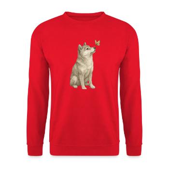 Shiba Inu mit Schmetterling Vintage Art - Unisex Pullover - Rot - Vorne - Alina (178cm) & Michal (187cm)