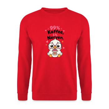 Kaffee Ente Morgenmuffel - Unisex Pullover - Rot - Vorne - Alina (178cm) & Michal (187cm)