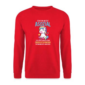 Nicht Asozial Energiesparen Einhorn Menschenmuffel - Unisex Pullover - Rot - Vorne - Alina (178cm) & Michal (187cm)