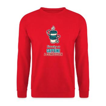 Caffeine and Compassion – Pflege mit Kaffee - Unisex Pullover - Rot - Vorne - Alina (178cm) & Michal (187cm)