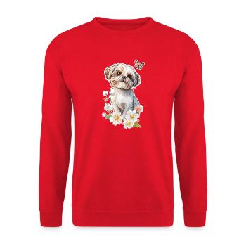 Shih Tzu und Schmetterling - Unisex Pullover - Rot - Vorne - Alina (178cm) & Michal (187cm)