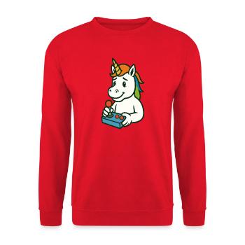 Cute Unicorn Gamer Mascot with Joystick - Unisex Sweatshirt - red - Front - Alina (178cm) & Michal (187cm)