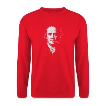 Porträt von Benjamin Franklin Rauchende Zigarre - Unisex Pullover - Rot - Vorne - Alina (178cm) & Michal (187cm)