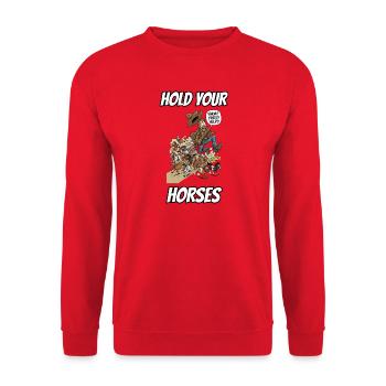 Halte deine Pferde – Witzige buchstäbliche Idiom-Zeichentrickserie - Unisex Pullover - Rot - Vorne - Alina (178cm) & Michal (187cm)