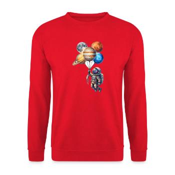 Astronaut mit Planeten als Ballons - Unisex Pullover - Rot - Vorne - Alina (178cm) & Michal (187cm)