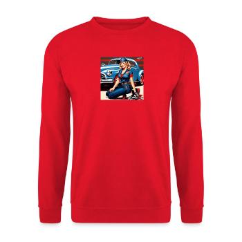 Pinup im Retrowagen Blau - Unisex Pullover - Rot - Vorne - Alina (178cm) & Michal (187cm)