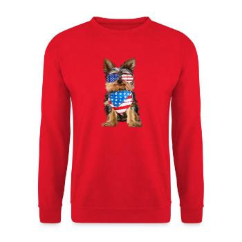 Patriotischer Yorkie mit USA Brille und Tuch - Unisex Pullover - Rot - Vorne - Alina (178cm) & Michal (187cm)