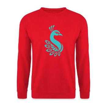 Minimalistischer türkisfarbener stilisierter Pfau - Unisex Pullover - Rot - Vorne - Alina (178cm) & Michal (187cm)