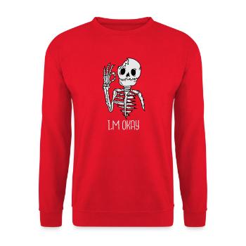 Grinsendes Skelett: I’m Okay - Unisex Pullover - Rot - Vorne - Alina (178cm) & Michal (187cm)