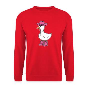 Pinkboots Ente im Cowboylook - Unisex Pullover - Rot - Vorne - Alina (178cm) & Michal (187cm)