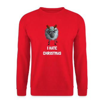 I hate Christmas Schaf - Weihnachtsmuffel Geweih - Unisex Pullover - Rot - Vorne - Alina (178cm) & Michal (187cm)