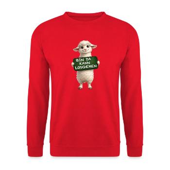 Mutiges Lamm Schildmotiv - Unisex Pullover - Rot - Vorne - Alina (178cm) & Michal (187cm)