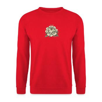Himmlischer Botanischer Pfingstrosenblumen-Halbmond - Unisex Pullover - Rot - Vorne - Alina (178cm) & Michal (187cm)