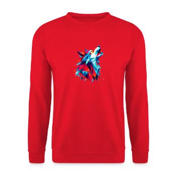 Geometric Wolf: Bunter Origami-Kunstdruck - Unisex Pullover - Rot - Vorne - Alina (178cm) & Michal (187cm)