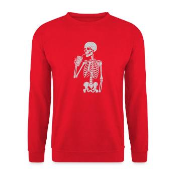 Skelett, das Strohhalm schlürft, Kunst - Unisex Pullover - Rot - Vorne - Alina (178cm) & Michal (187cm)