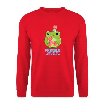 Achtung zerbrechlich Frosch mit Partyhut - Unisex Pullover - Rot - Vorne - Alina (178cm) & Michal (187cm)