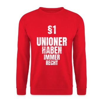 Regel 1 Unioner haben immer recht Fußball Spruch - Unisex Pullover - Rot - Vorne - Alina (178cm) & Michal (187cm)