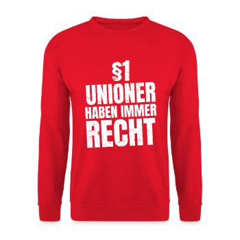 Regel 1 Unioner haben immer recht Fußball Spruch - Unisex Pullover - Rot - Vorne - Alina (178cm) & Michal (187cm)