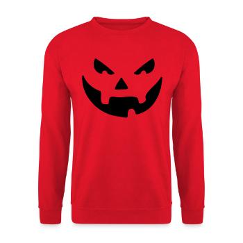 Schauriges Halloween Jack O'Lantern Kürbis-Gesicht - Unisex Pullover - Rot - Vorne - Alina (178cm) & Michal (187cm)