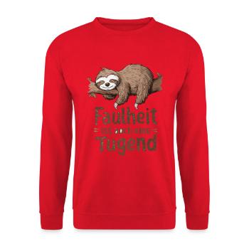 Faulheit ist auch eine Tugend, Lustiges Faultier - Unisex Pullover - Rot - Vorne - Alina (178cm) & Michal (187cm)